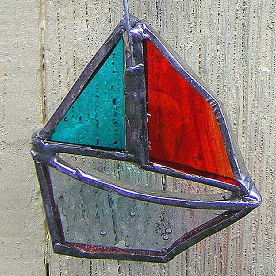 Red, Turquoise and Blue Stained Glass Boat Suncatcher