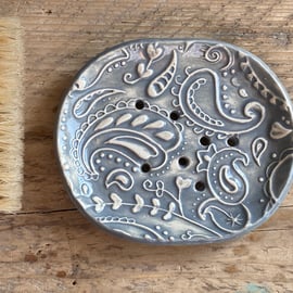 Handmade Pottery Grey Paisley Soap Dish