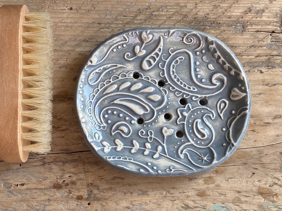 Soap Dish Handmade Ceramic Grey Paisley with Drainage