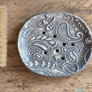 Handmade Pottery Grey Paisley Soap Dish