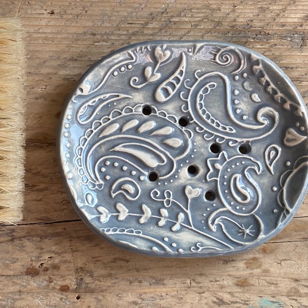 Soap Dish Handmade Ceramic Grey Paisley with Drainage