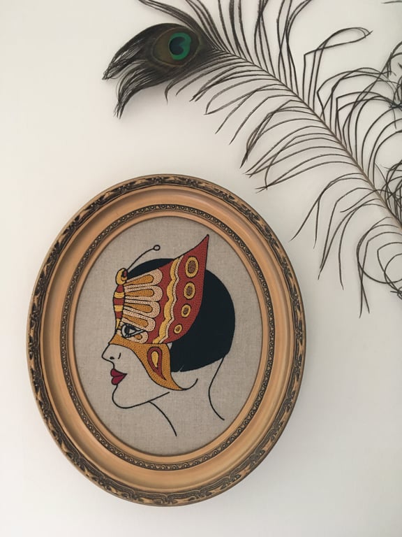 Hand Embroidered Butterfly Mask Flapper (Tattoo Art Style) in a Vintage Frame