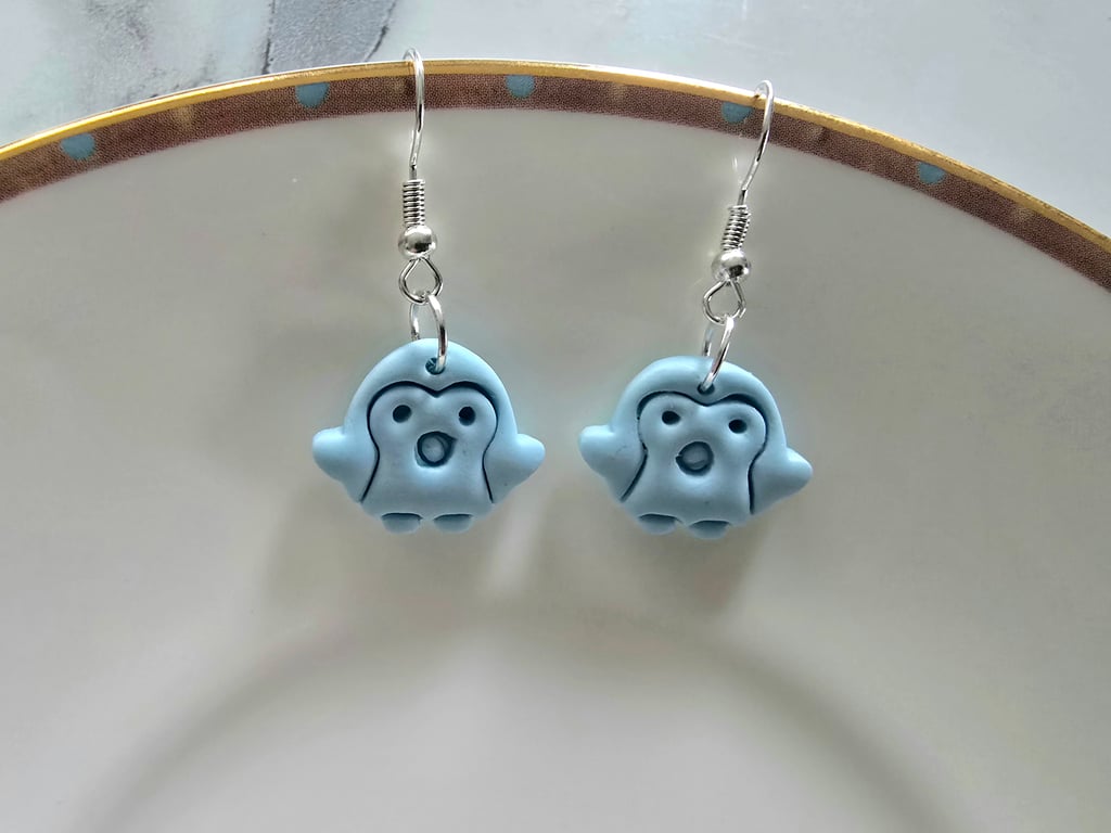 Polymer clay penguin pastel blue earrings on silver plated earhooks