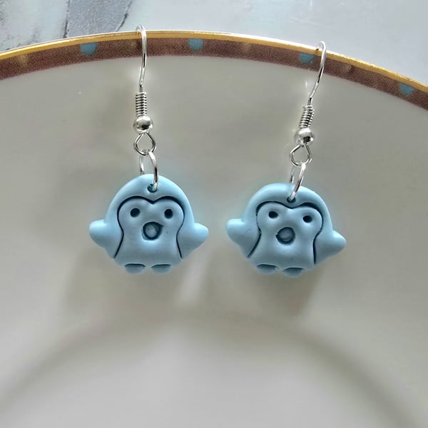 Polymer clay penguin pastel blue earrings on silver plated earhooks