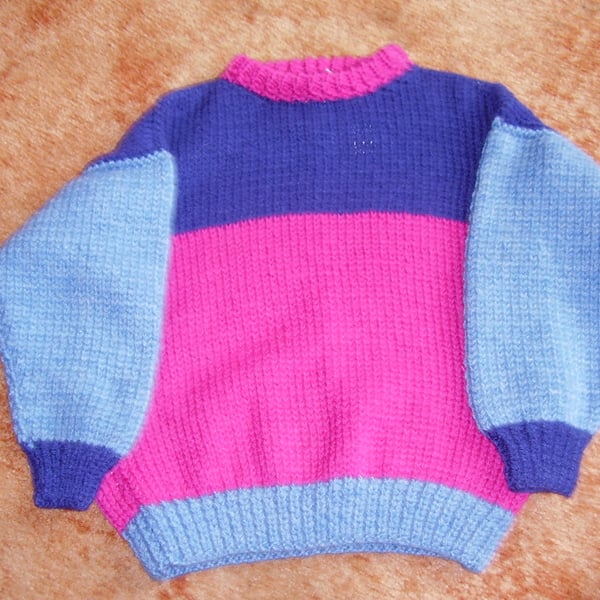 Chunky jumper in navy,blue and fuchsia blocks Seconds Sunday