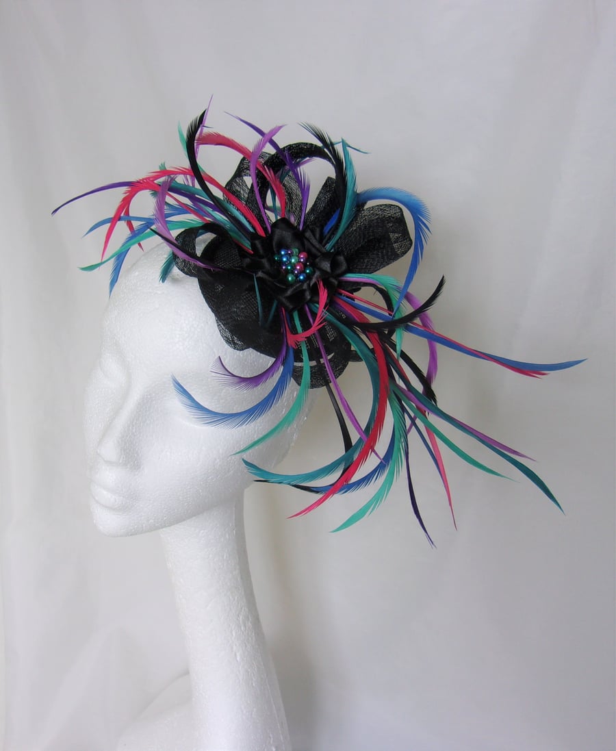 Jewel Colour & Black Feather Sinamay & Pearl Fascinator Wedding Hat -Teal Purple