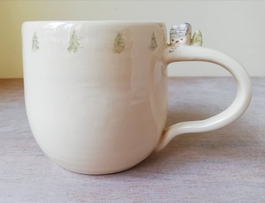 Hand made cup with tiny ceramic miniature house and tree tea coffee lover gift