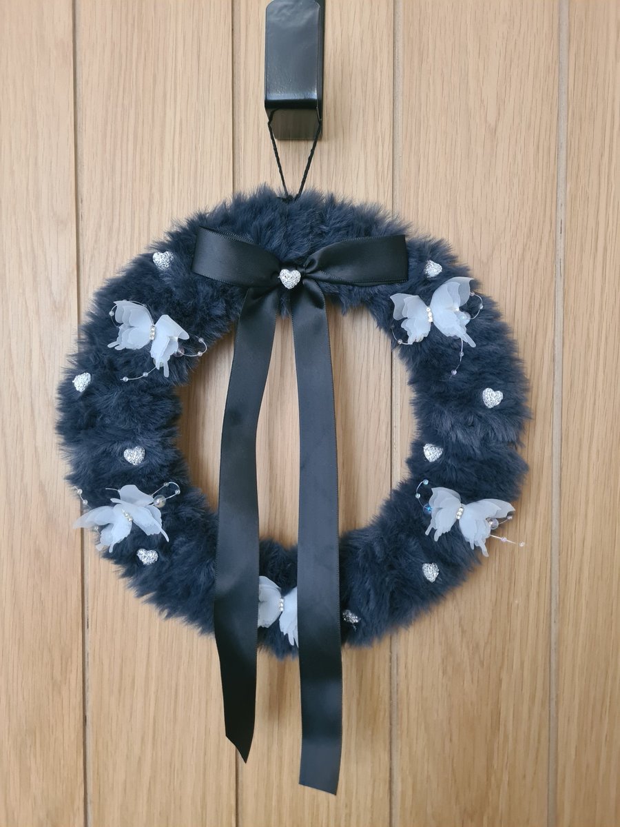 Handmade Dark Grey Faux Fur Wreath,Butterflies,Crystal Hearts,Black Satin Bow