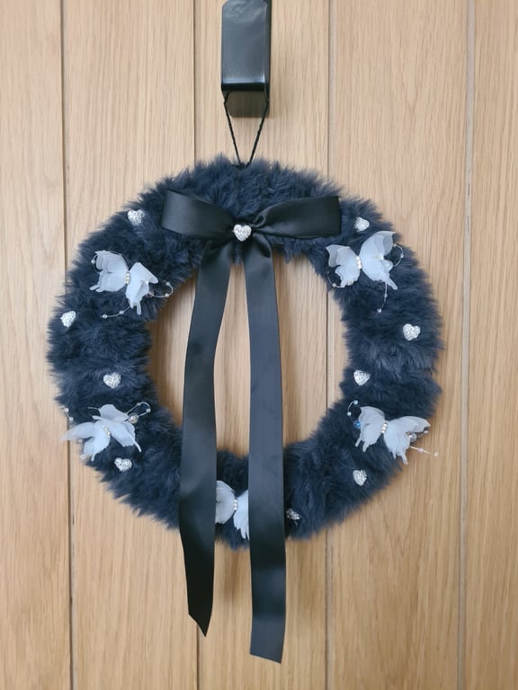 Handmade Dark Grey Faux Fur Wreath,Butterflies,Crystal Hearts,Black Satin Bow