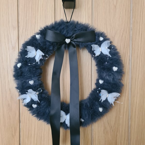 Handmade Dark Grey Faux Fur Wreath,Butterflies,Crystal Hearts,Black Satin Bow