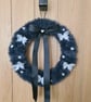 Handmade Dark Grey Faux Fur Wreath,Butterflies,Crystal Hearts,Black Satin Bow