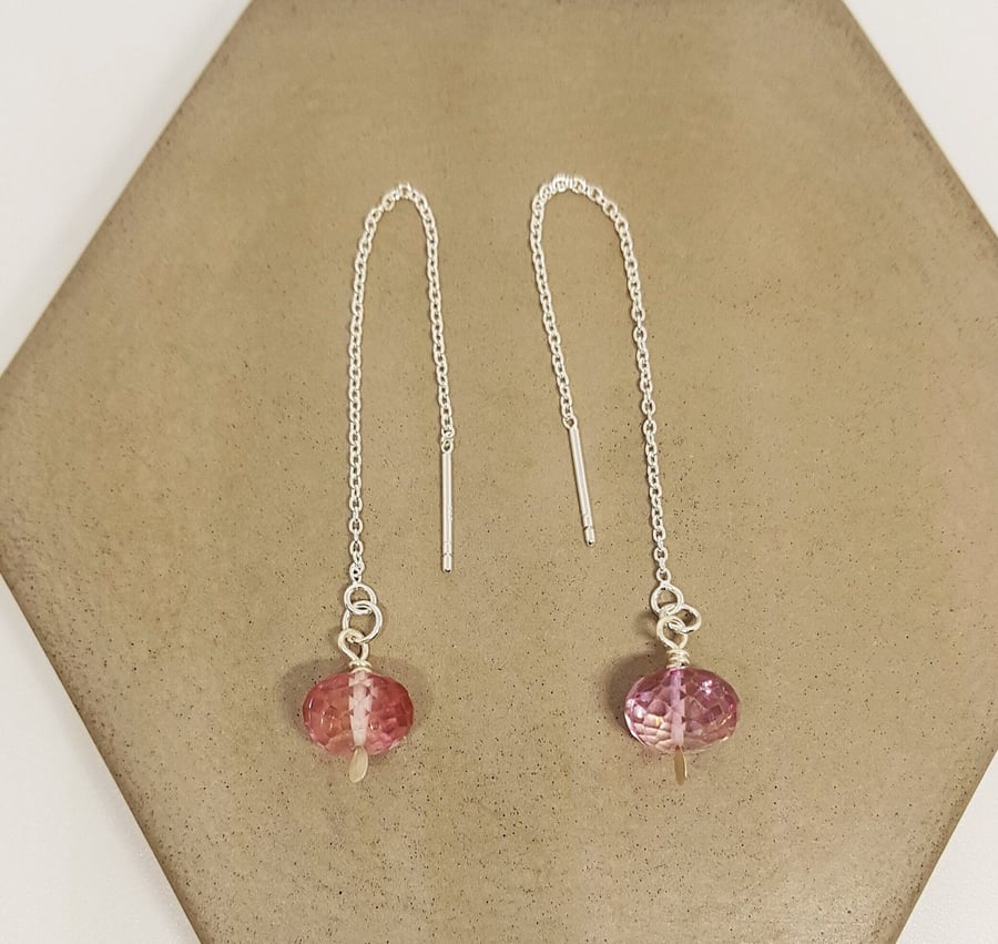 Pink Topaz Earrings, Faceted Topaz Earrings, Gemstone Earrings, Threader Earring