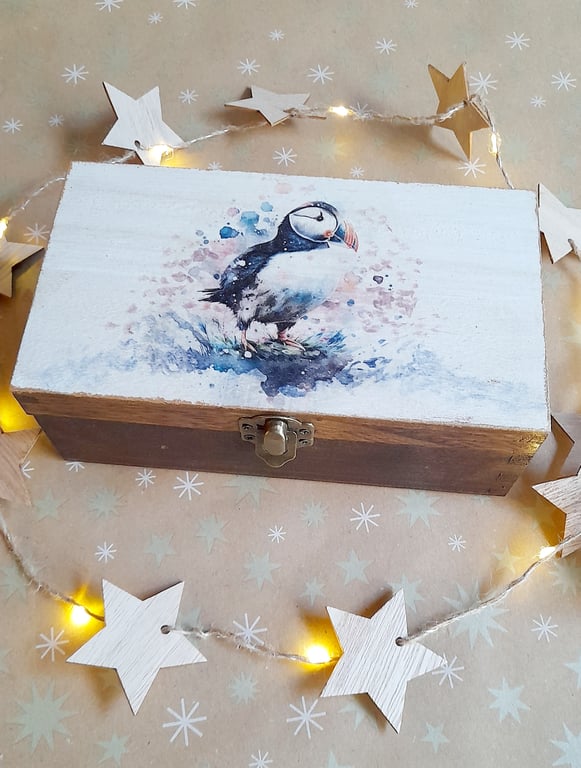 Wooden Trinket Keepsake Box Puffin