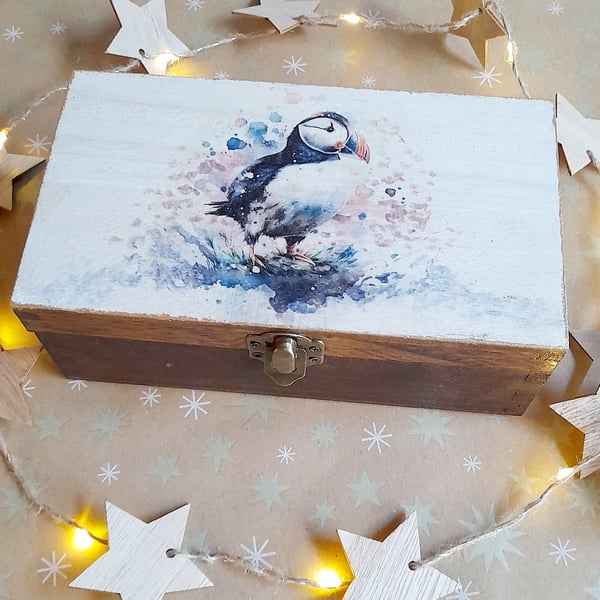 Wooden Trinket Keepsake Box Puffin