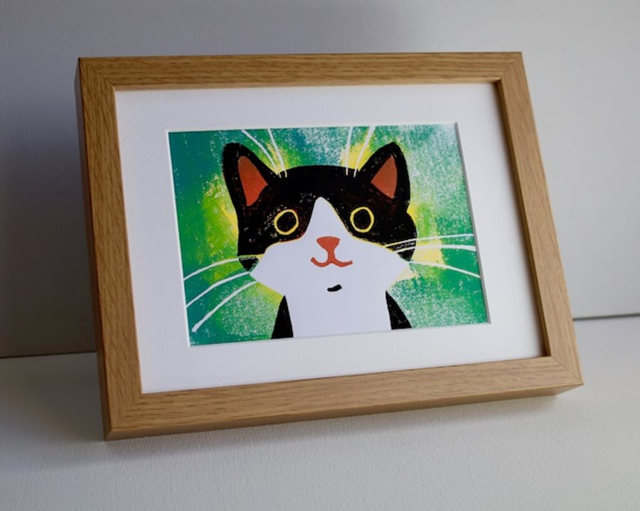 HAPPY CAT LINOCUT FRAMED - GICLEE PRINT