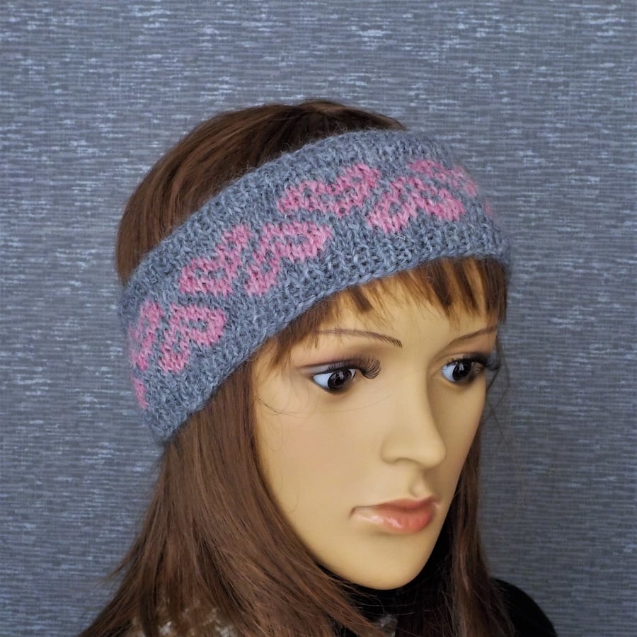 Hairband grey with pink hearts British Masham wool hand knitted ear warmers
