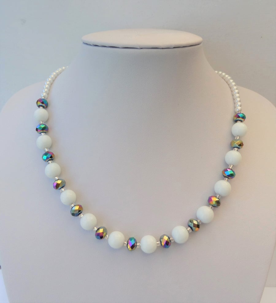 White glass bead and rainbow multicoloured bead necklace 
