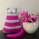 Grey and magenta  handknitted cat 