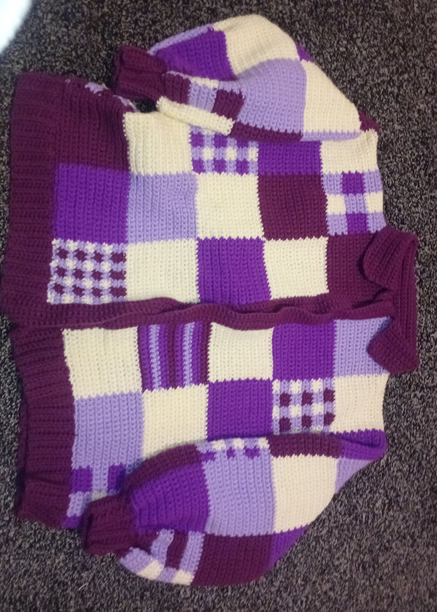 Hand-crocheted purple patch work cardigan, plus sized