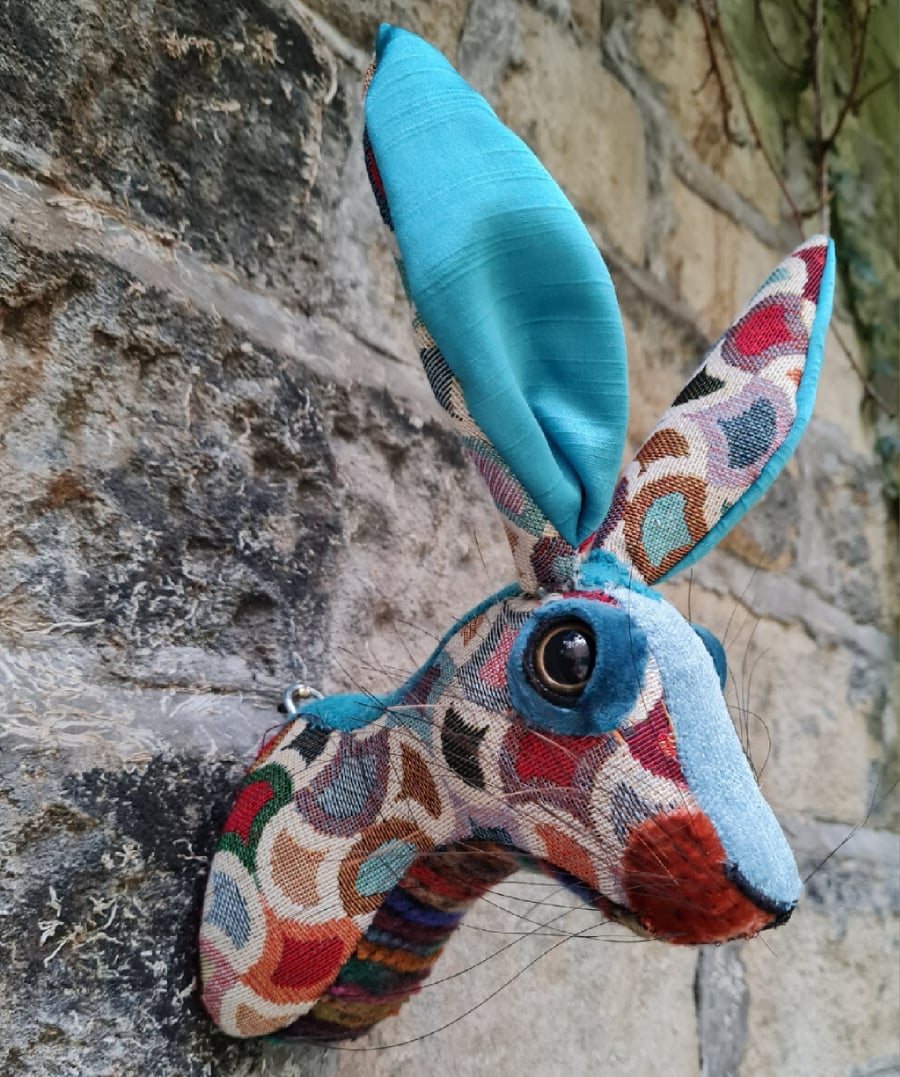 Faux hare head wall mount in colourful circus style fabric- Mr Harlow