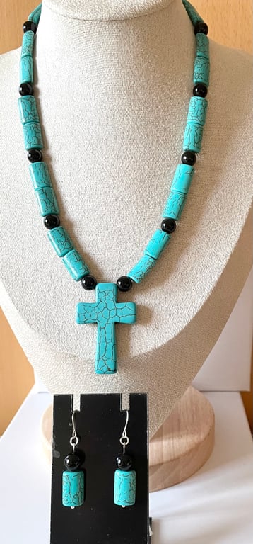 Turquoise Cross Pendant and Earrings Set