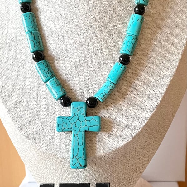 Turquoise Cross Pendant and Earrings Set