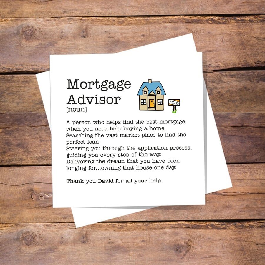 Mortgage Advisor Definition Card - Thank you, personalised, blank inside