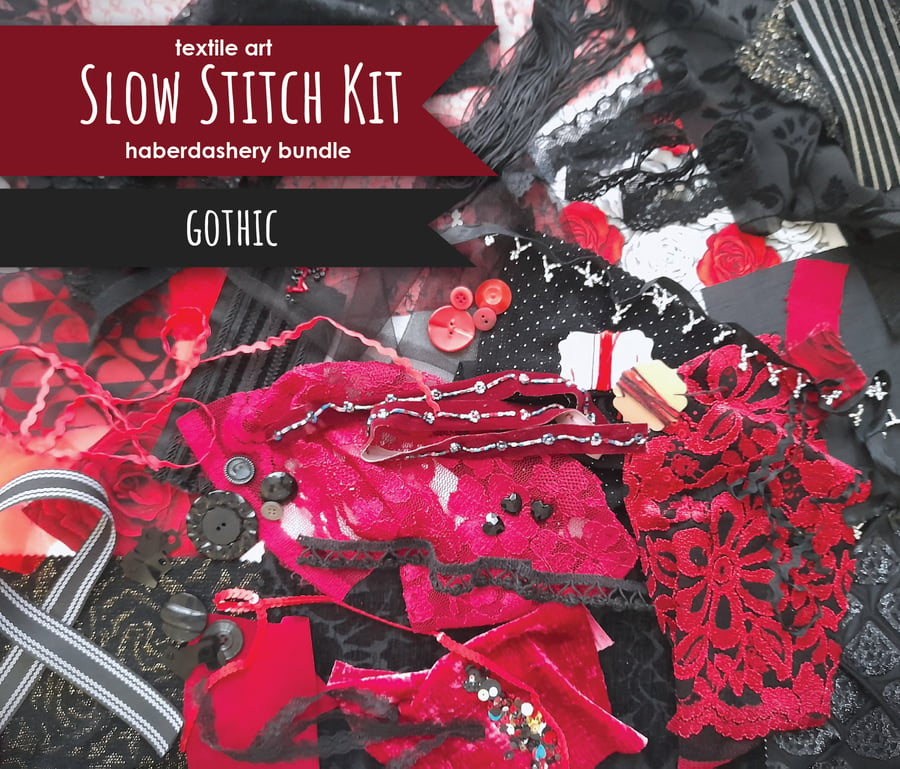 Slow stitching kit - gothic theme. Fabric remnants, fabric bundle