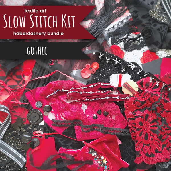 Slow stitching kit - gothic theme. Fabric remnants, fabric bundle