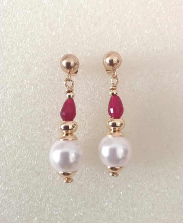 White shell pearl and red quartz dangle earrings