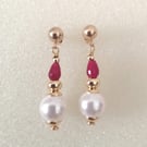 White shell pearl and red quartz dangle earrings