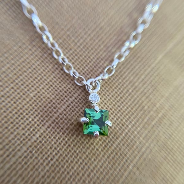 Bright green tourmaline and diamond necklace set in silver 