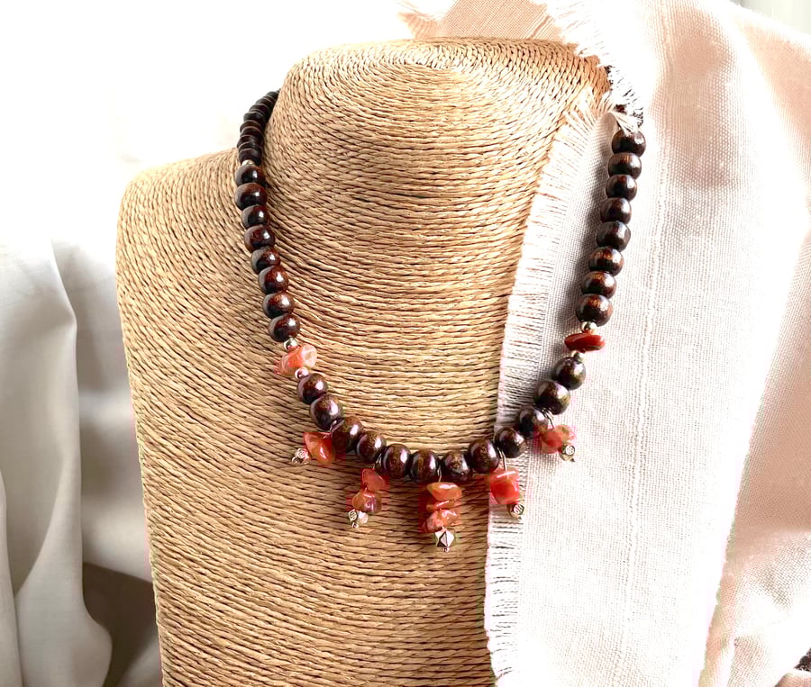 Natural Carnelian gemstone and wooden bead necklace