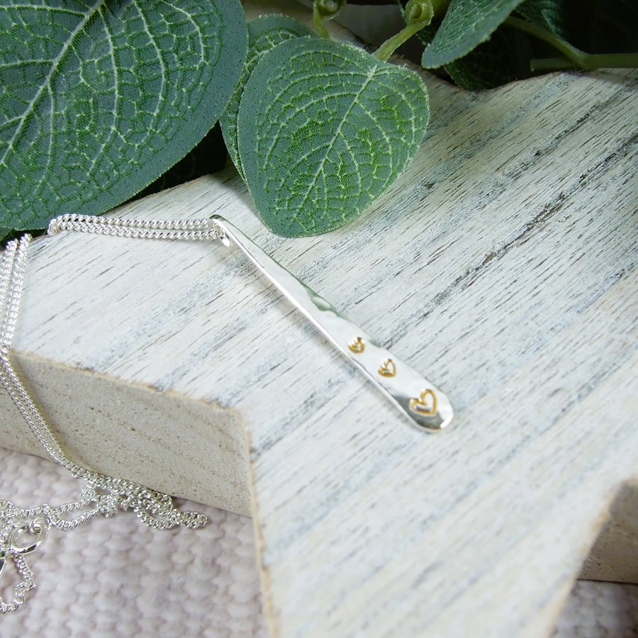 Silver Teardrop Bar Pendant with Hearts Decoration