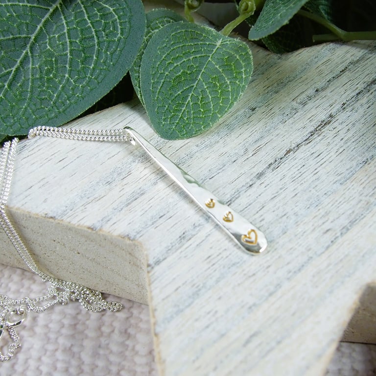 Silver Teardrop Bar Pendant with Hearts Decoration