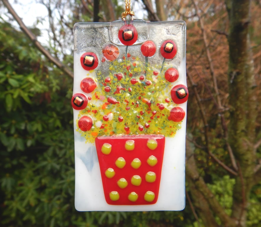 Artist made Fused Glass Flowers Suncatcher.