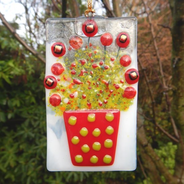 Artist made Fused Glass Flowers Suncatcher.