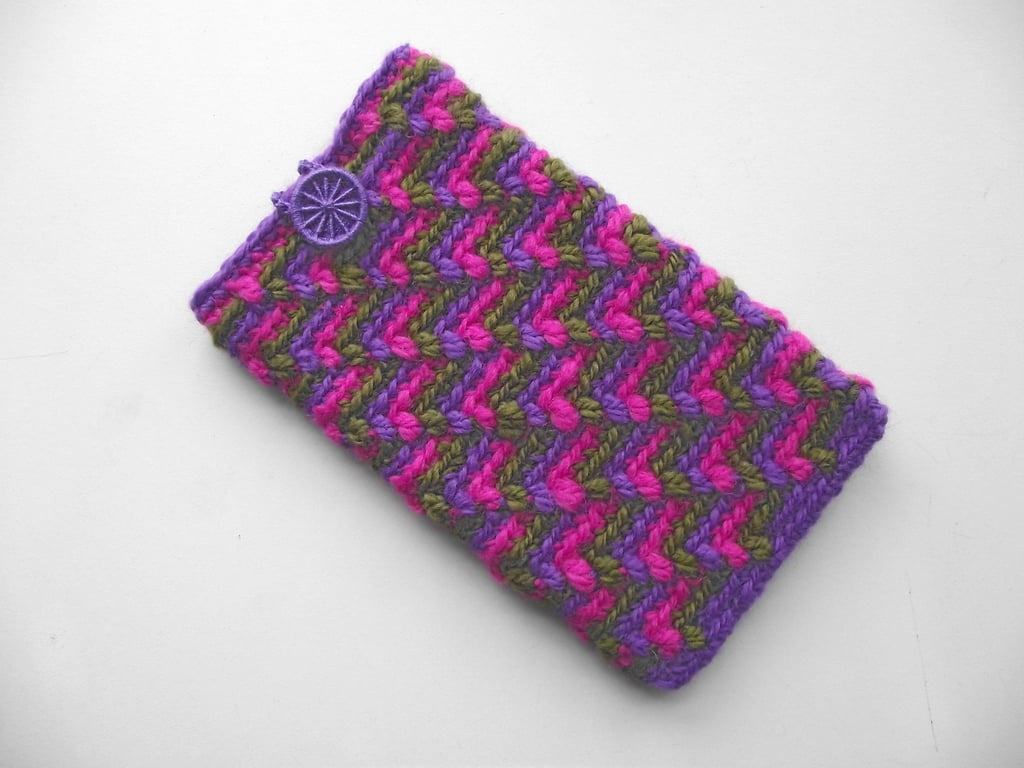 Glasses or Phone Pouch,  Crochet Merino, Dorset Button, Purple, Green, Pink