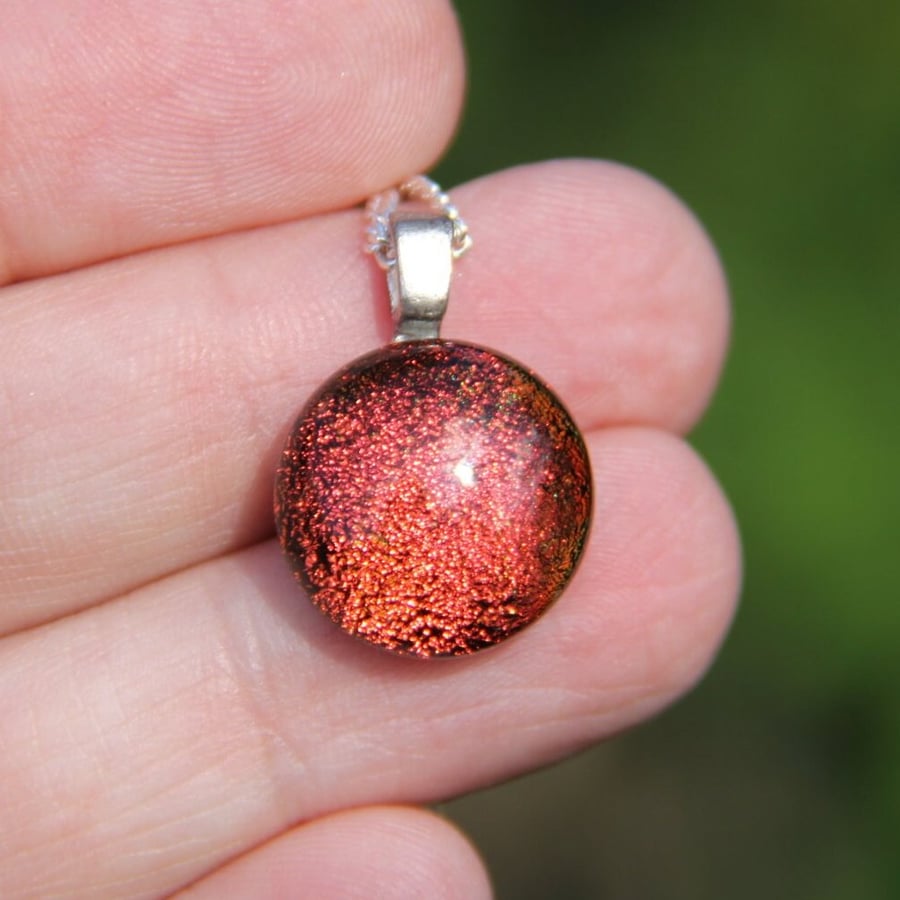 Handmade Small Red  Dichroic Pendant Necklace,  Fused Glass SKU F54