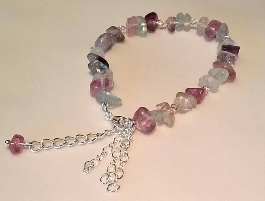 Rainbow fluorite rosary bracelet with figaro chain tassel