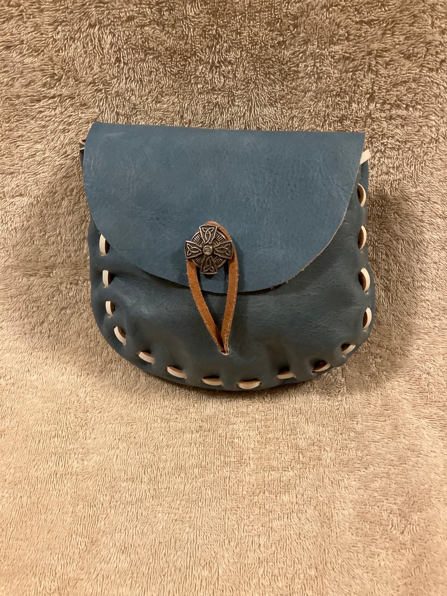 Ocean Blue - Denim Blue coloured Leather Medieval - Style Pouch - FREE SHIPPING