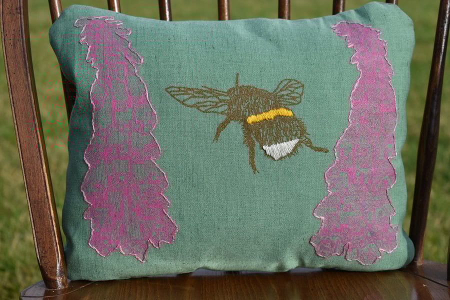 Dark green - 'Foxgloves and the Bee' - Screen printed wild flower cushion 