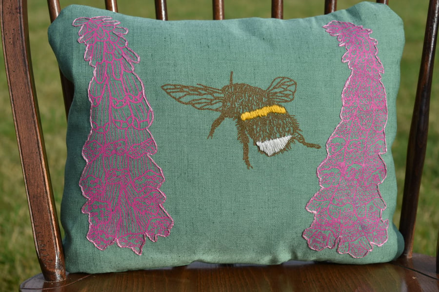 Dark green - 'Foxgloves and the Bee' - Screen printed wild flower cushion 