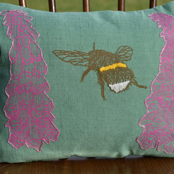 Dark green - 'Foxgloves and the Bee' - Screen printed wild flower cushion 