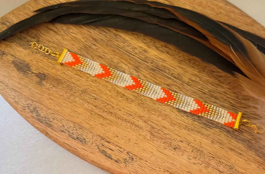 Orange and gold slim bead woven bracelet 