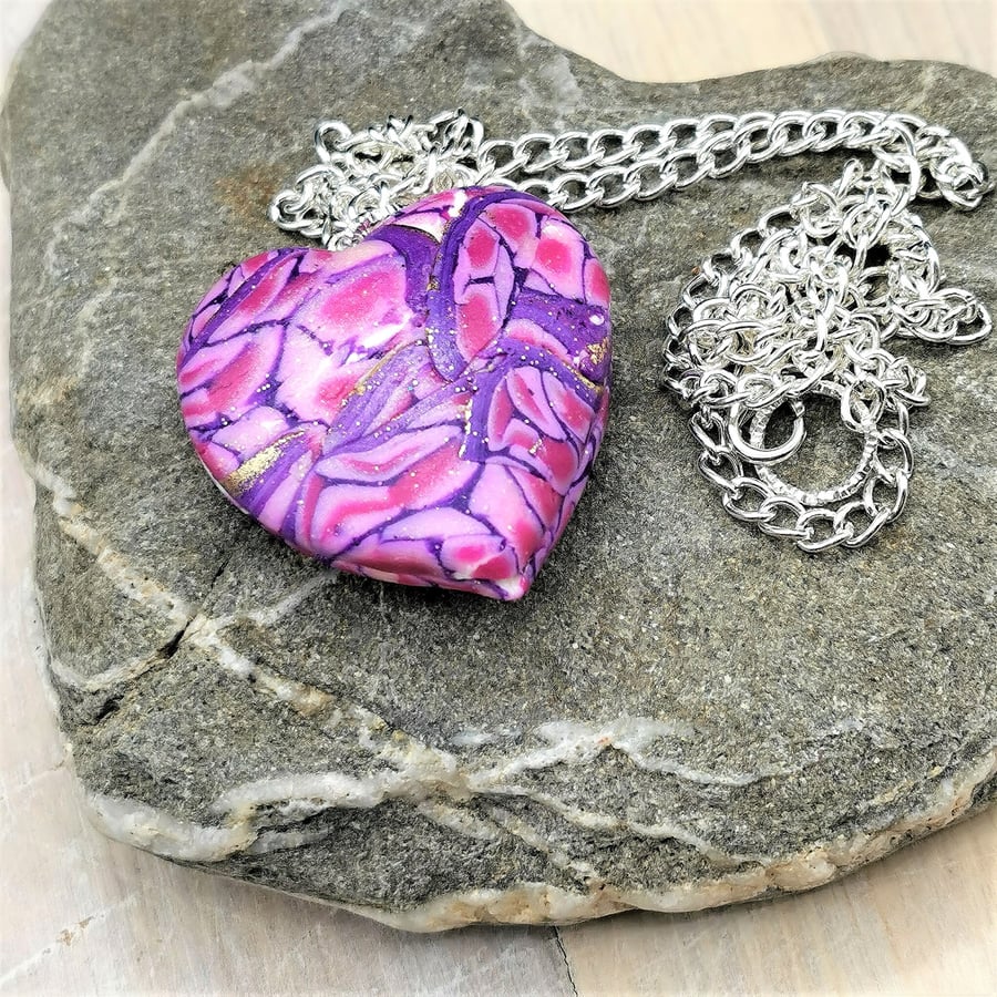 Handmade, Boho Heart Pendant. Pink And Purple Pattern.