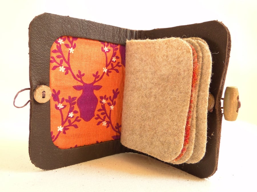 Needle Case - Brown Leather with Stags Head Fabric - Needle Book - Sewing Gift