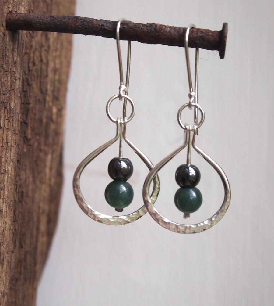Sterling silver hinged hoop earrings with green jade