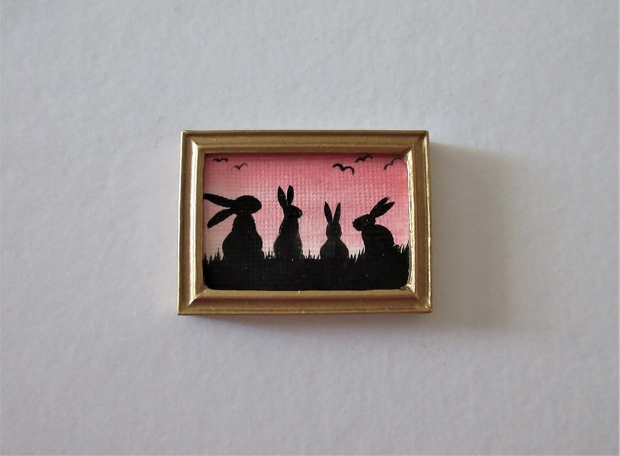 Doll House Miniature Original Painting Framed with Bunny Silhouette Rabbit 