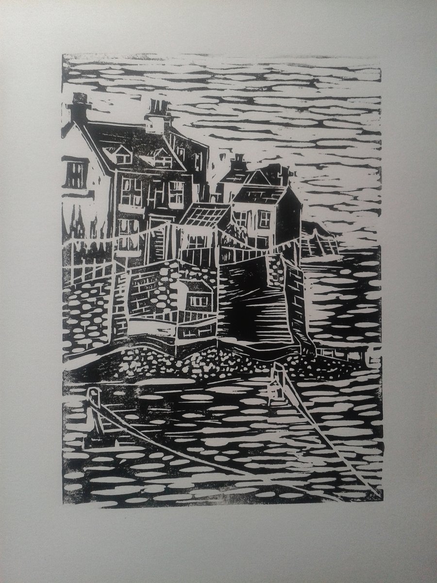 Monochrome Linocut of Staithes